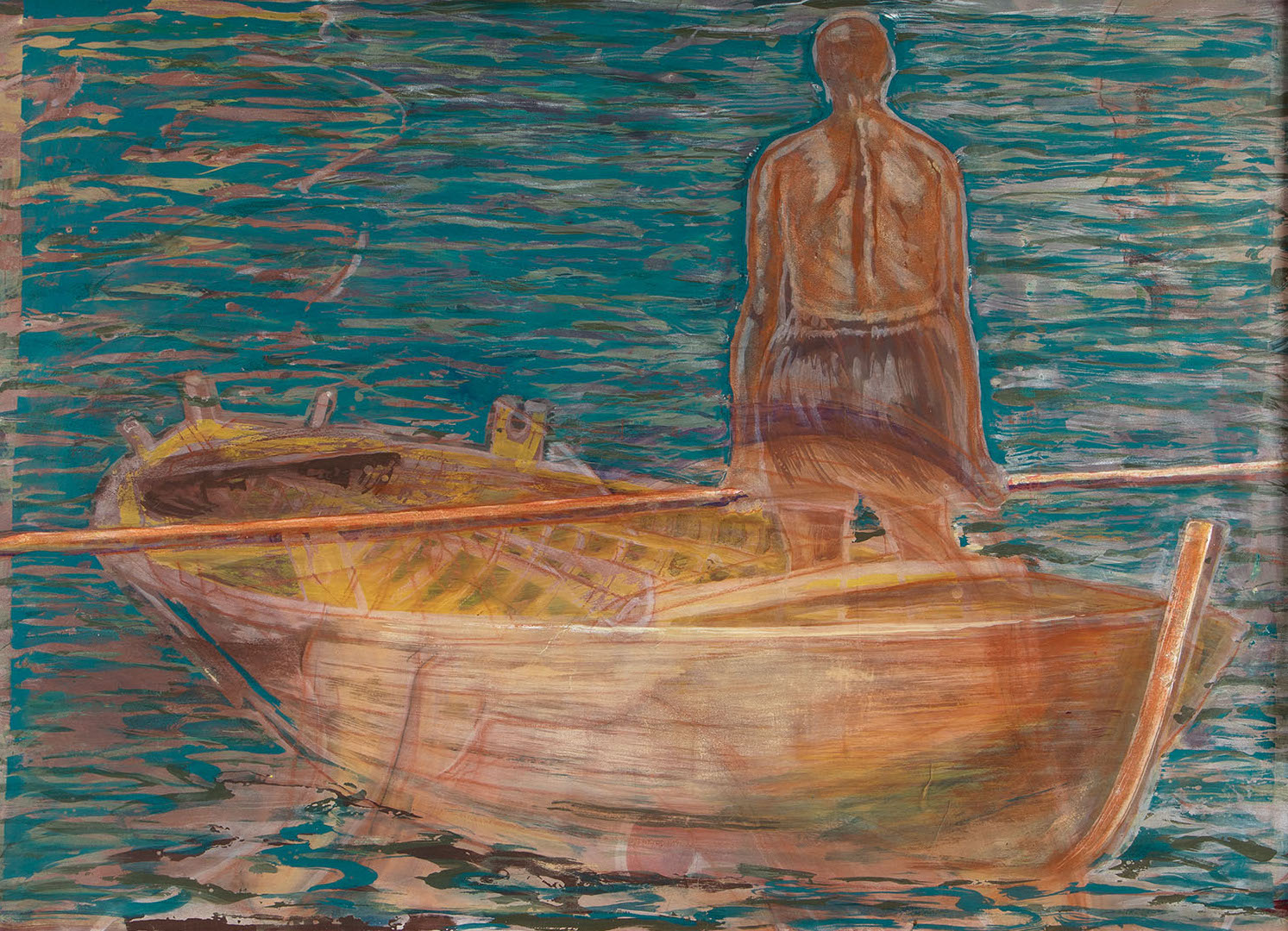 Mož v čolnu, mešana tehnika, prana tempera, papir, les, medenina, 160x200x10 cm, 1992